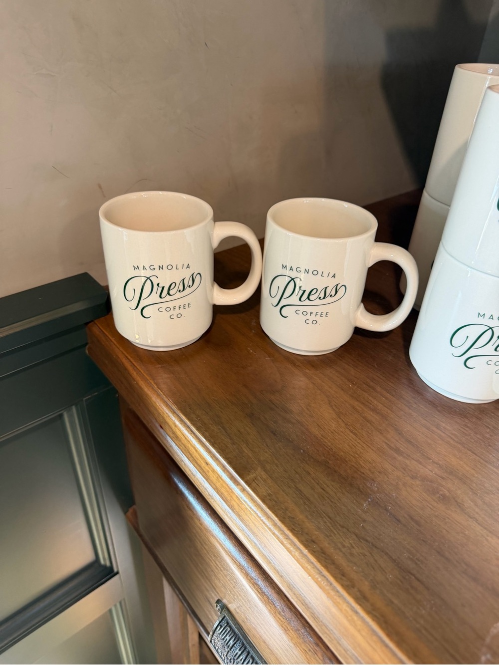 Magnolia Press Coffee Co. Ivory Ceramic Mugs with Green Logo - Set of 2